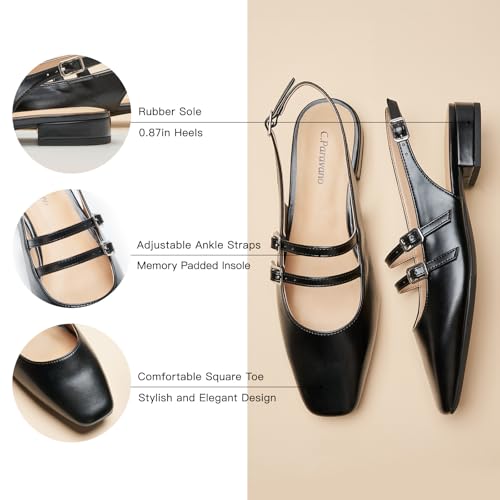 41qdydOd2iL.jpg Women's Slingback Flats | Square Toe Flats | Adjustable Ankle Strap Shoes | Comfort Slip On Dress Shoes (Size 9.5,Black)