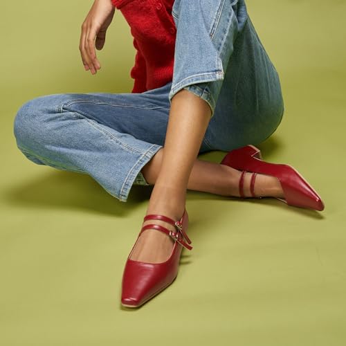 Women's Mary Jane Pumps | Narrow Square Toe Pumps | Work Shoes with Low Block Heel | Daily Wear Leather Shoes