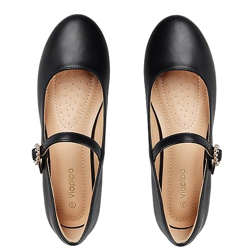 Womens Mary Jane Shoes Comfortable Strap Flats Dressy Casual Ballet Flats Shoes Floral Buckle Round Toe Black Flats Shoes for