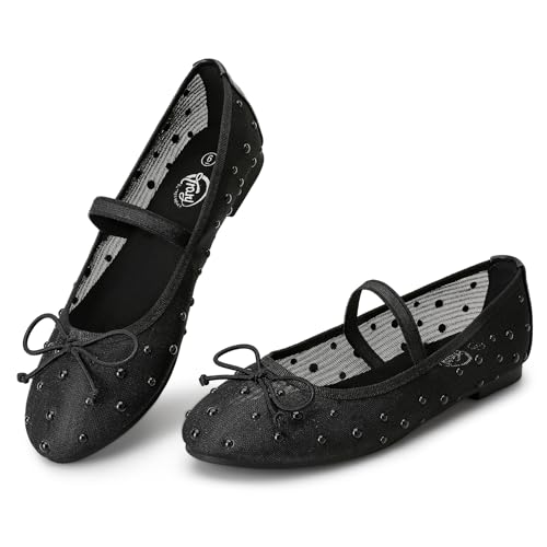 Ballet Flats for Women Closed Round Toe Mary Jane Shoes Women Cute Bowknot Non-Slip Dressy Shoes Elastic Strap Comfortable