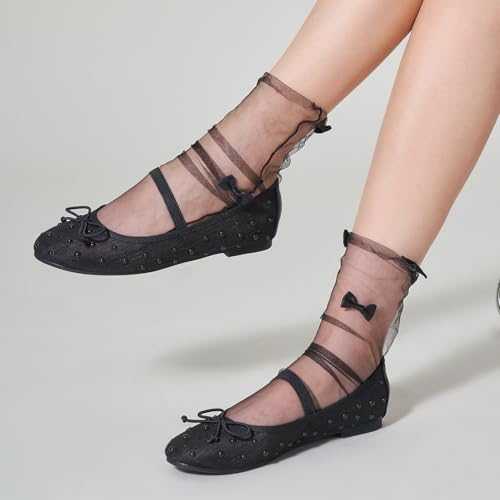 Ballet Flats for Women Closed Round Toe Mary Jane Shoes Women Cute Bowknot Non-Slip Dressy Shoes Elastic Strap Comfortable