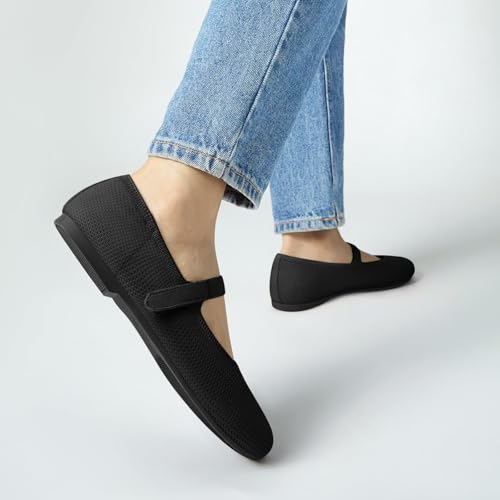 Mary Jane Shoes Women Round Toe Knit Ballet Flats Shoes for Women Comfortable Dressy Washable Adjustable Strap for Work Office
