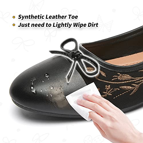 Womens Flats Shoes with Pomegranate Embroidery,White Flats with Bow,Comfortable Round-Toe Flats Shoes,Black Dress Shoes for