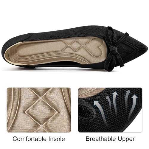 Ballet Flats Shoes for Women: Dressy Pointed Toe Bow Knit Flats Comfortable Slip On Work Business Shoes for Driving Dating