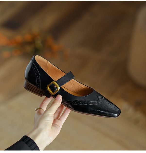 Women's Mary Jane Leather Flats Ballet Dress Shoes Square Toe Slip On Vintage Casual Style
