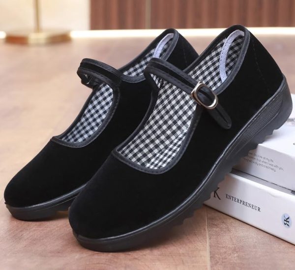 610AScHErzL.jpg Black Velvet Mary Jane Shoes for Women China Dance Flat Old Beijing Cloth Walking Shoes