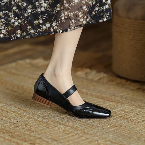 Women's Mary Jane Leather Flats Ballet Dress Shoes Square Toe Slip On Vintage Casual Style